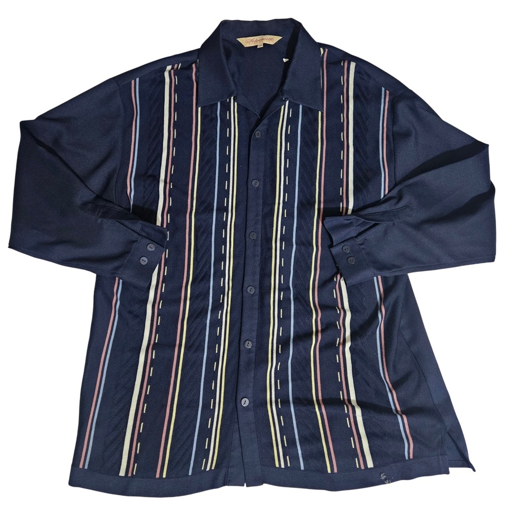 Silversilk Signature Mens 3X Navy Blue Knit Striped Long Sleeve Button Down